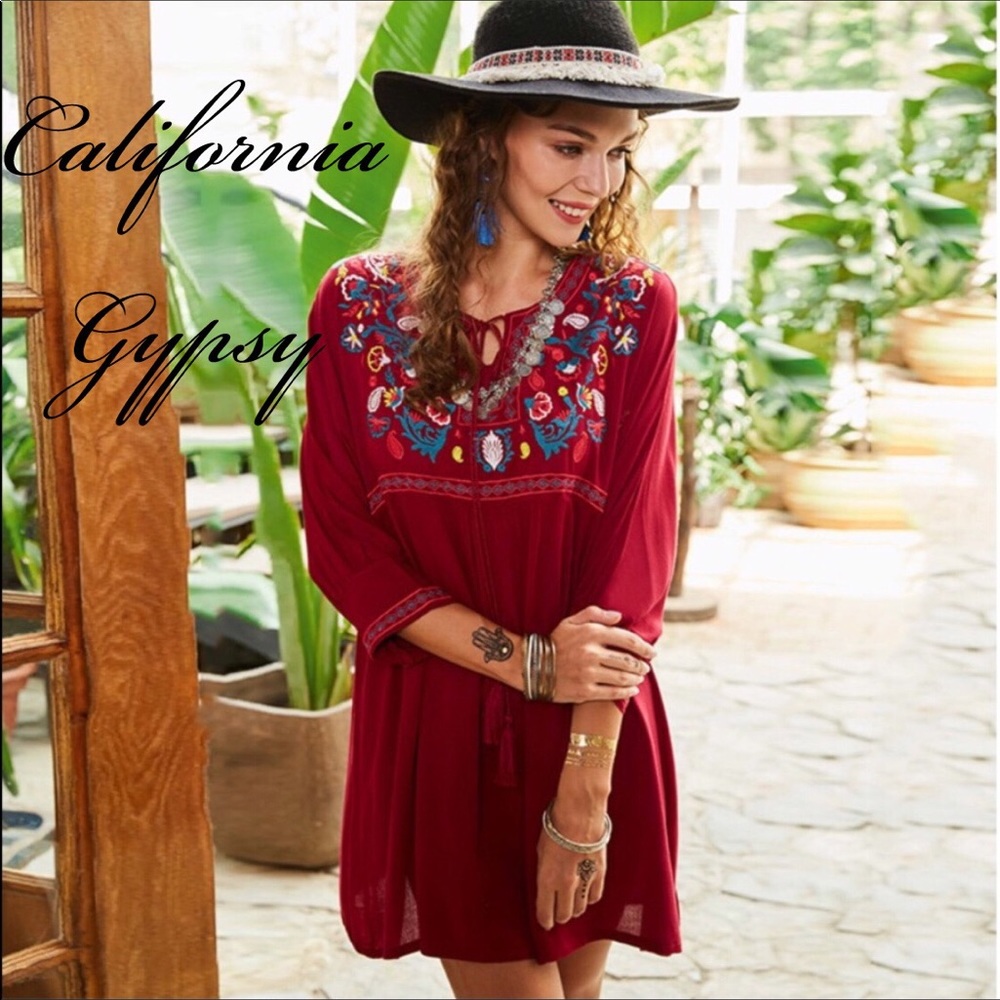 Women's Burgundy Embroidered Mini Dress
